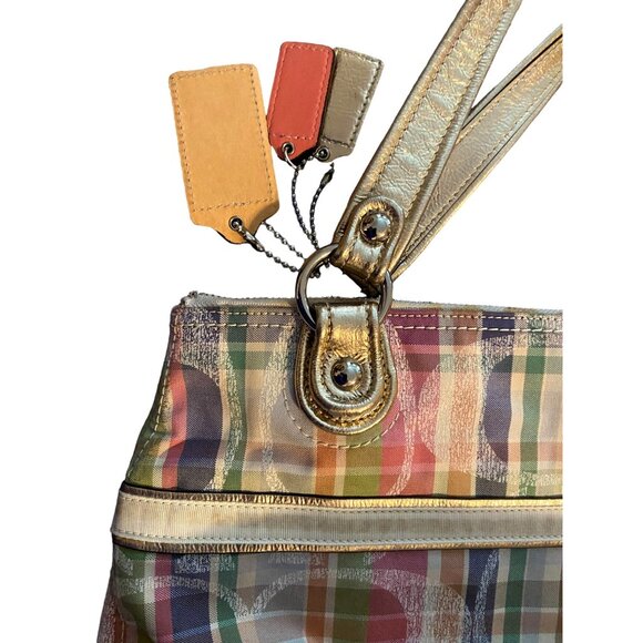 COACH Tote Shoulder Bag Poppy Multi Madras Signature Pastel Plaid Sequins - Picture 11 of 14
